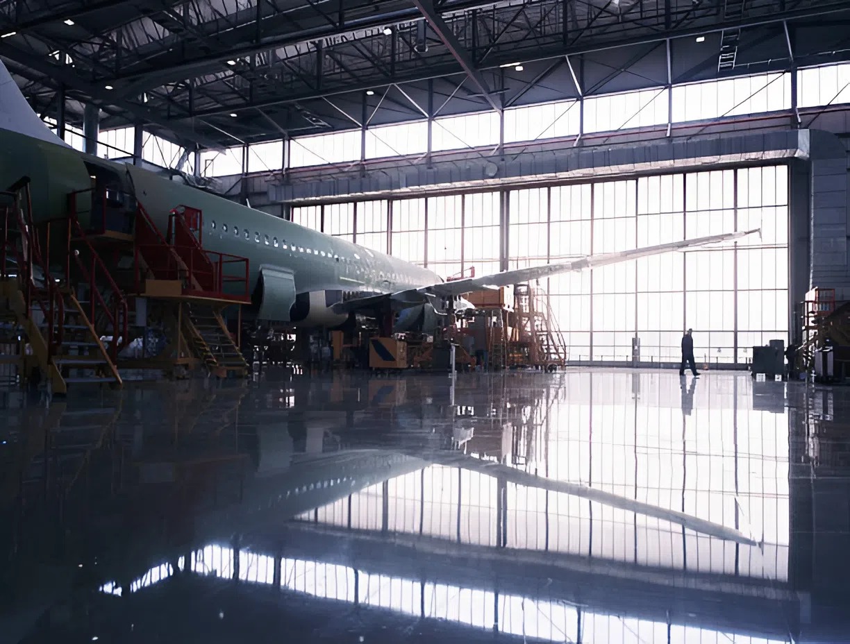 Large maintenance facility with polished floors, illustrating durable aviation hangar coatings