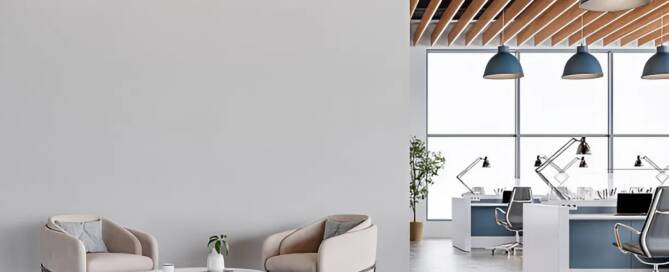 Modern office interior with clean wall finishes and open workspace layout