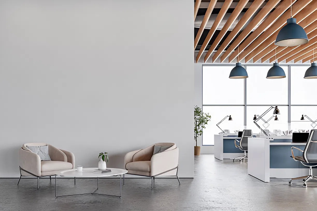 Modern office interior with clean wall finishes and open workspace layout