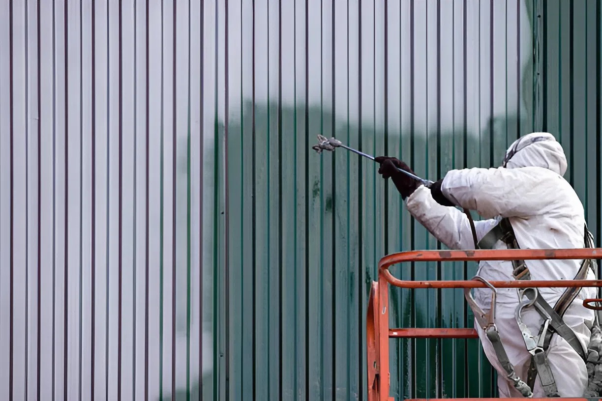Professional painter applying protective coating to metal siding on an industrial building