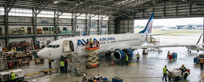 Airport hangar interior with crew working