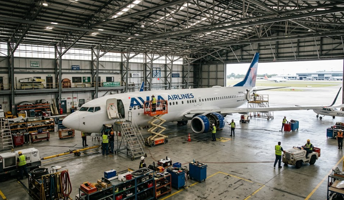 Airport hangar interior with crew working