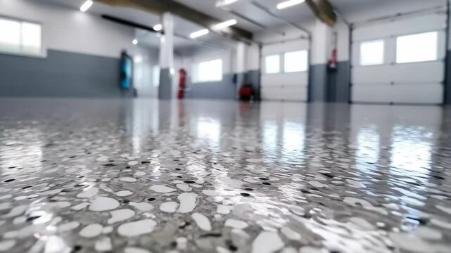 Freshly applied epoxy floor coating in an industrial setting