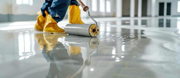 Industrial floor coatings being applied by a professional