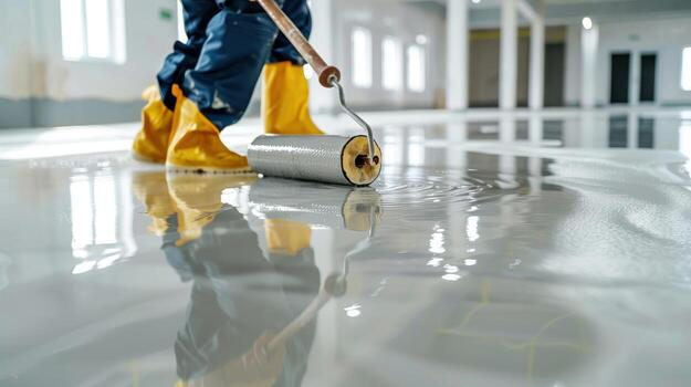 Industrial floor coatings being applied by a professional