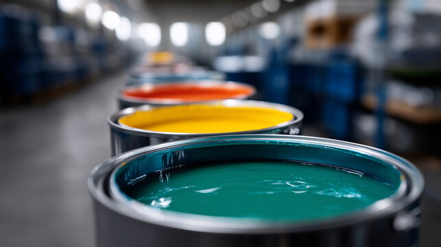 Open containers of industrial protective coatings displaying various coating materials 