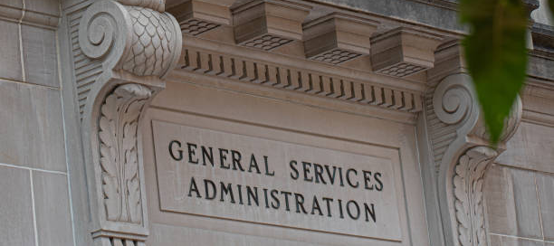 General Services Administration building entrance with engraved stone architectural details