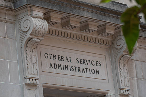 General Services Administration building entrance with engraved stone architectural details