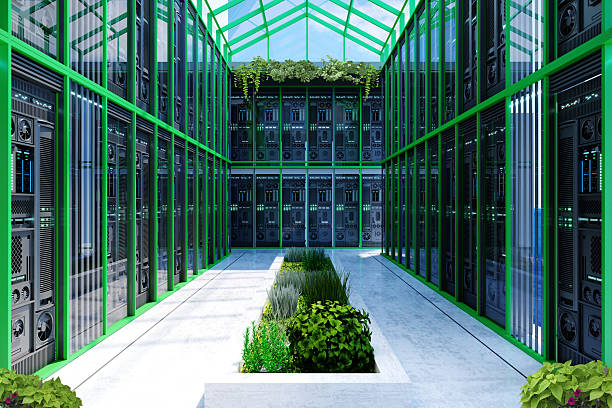 Modern data center server room with high-performance infrastructure and protective coating systems