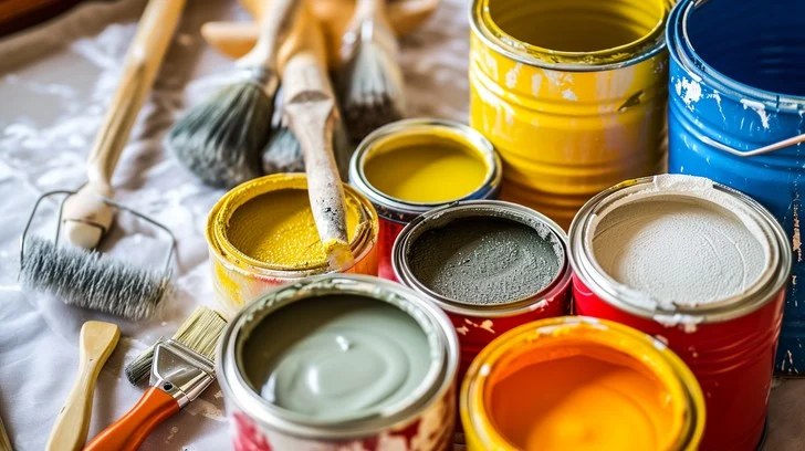 Open paint cans and painting tools showcasing coating selection and materials used for federal building painting projects