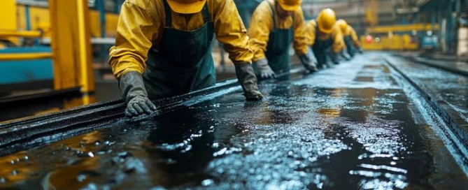 Workers applying coatings in an industrial environment