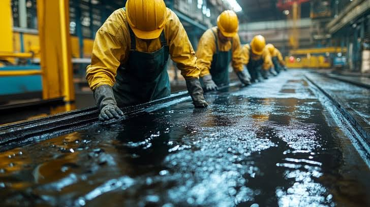 Workers applying coatings in an industrial environment
