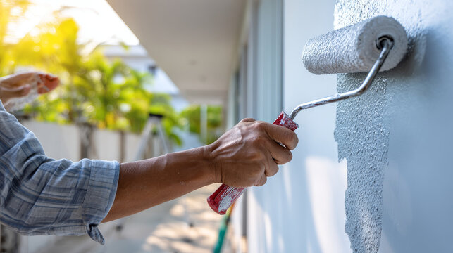 Paint roller being used to apply paint on an exterior surface