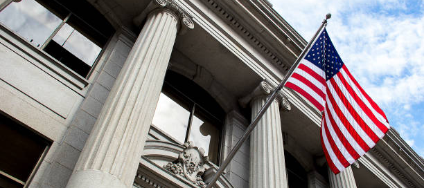Federal building exterior with the American flag