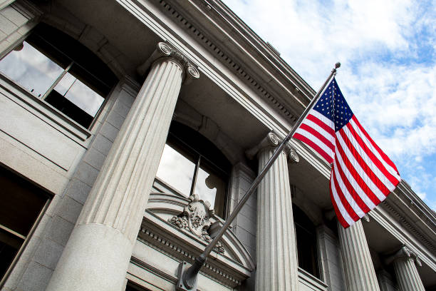 Federal building exterior with the American flag