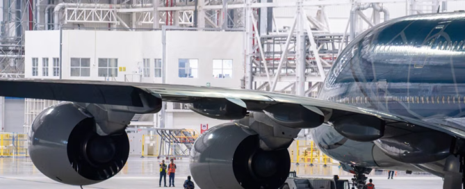 Airport hangar under maintenance with working professionals