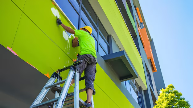 Painter applying a bright paint color to a building exterior