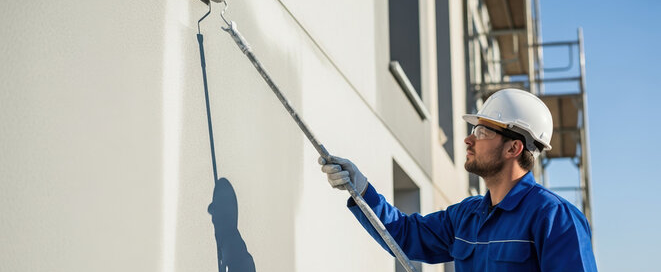 Professional painter applying exterior paint on a commercial building