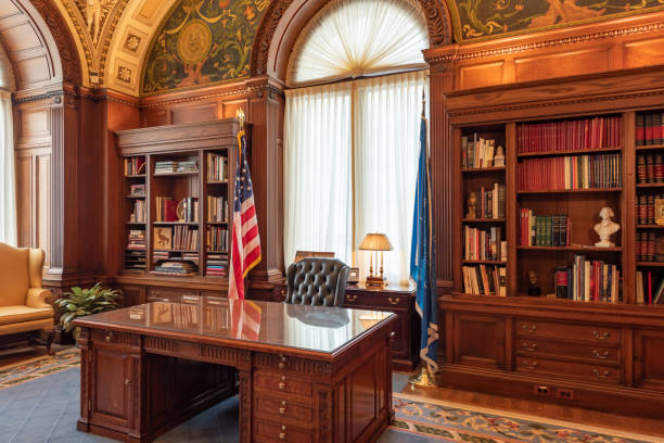 Federal building painting project featuring an office interior