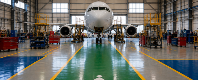 Aircraft hangar floor with professional color-coded coatings