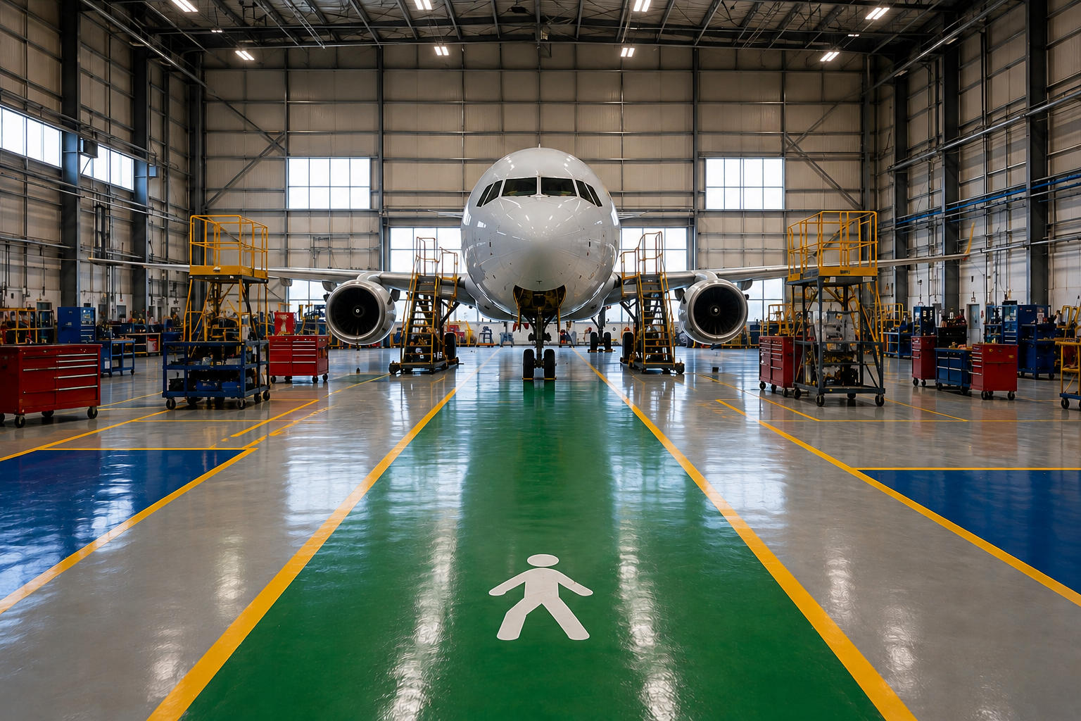 Aircraft hangar floor with professional color-coded coatings