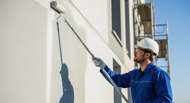 Professional painter applying exterior paint on a commercial building