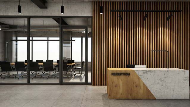 Commercial reception interior with wooden accents