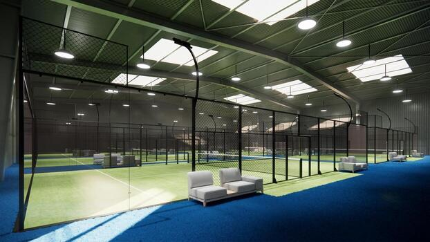 Interior of a sports facility with painted walls and large athletic court